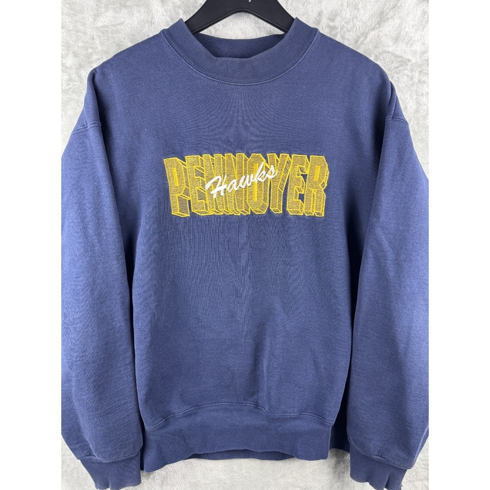 Vintage Pennoyer Hawks Sweatshirt Embroidered School Illinois Blue Mens XL 90s - Picture 3 of 9